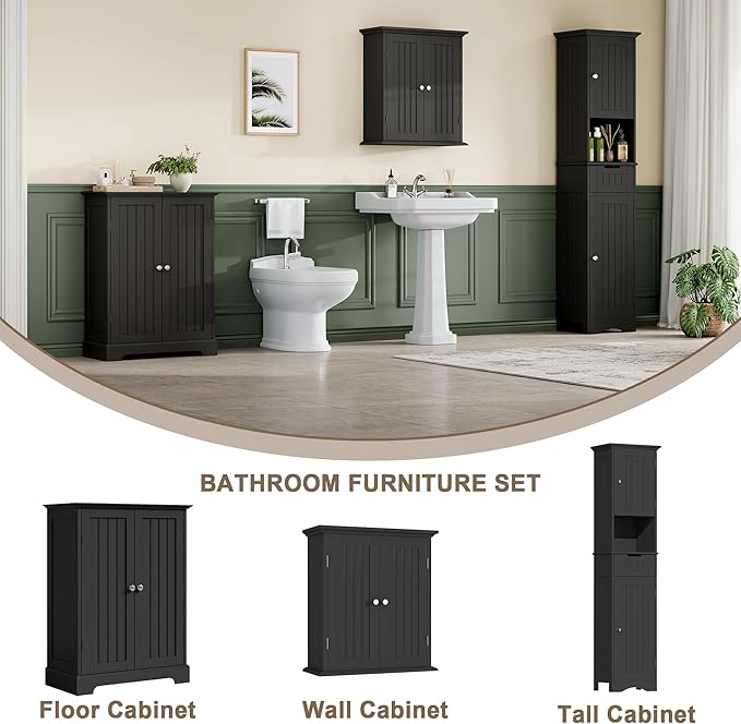ChooChoo Bathroom Floor Cabinet, Modern Bathroom Storage Cabinet with 2 Doors and Adjustable Shelves, Freestanding Cupboard for Living Room, Black
