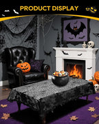eZAKKA Halloween Table Cloth with 16 Pcs Bats Wall Decor, Spider Web Table Cloth Black Tablecloth Lace Fabric Table Cloths for Rectangle for Parties Gothic Spooky Home Decorations, 53x68 Inch