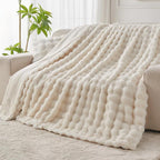 Lotus Karen Faux Fur Throw Blanket Cream White - Big Bubble Rabbit Fluff Blanket for Couch, Small Fluffy Fuzzy Cozy Blanket, Thick Furry Plush Shaggy Blankets, 50x60 Inches