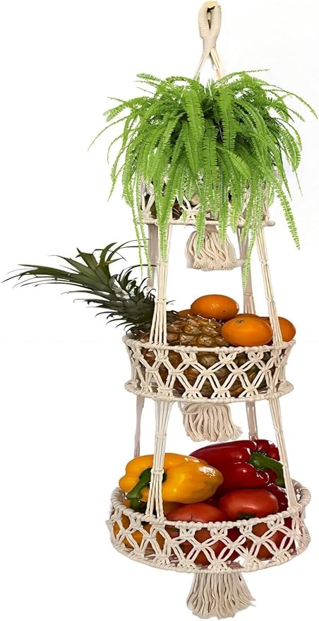 Pony River Hanging Fruit Basket, 3 Tier Cotton Macrame Produce Basket for Kitchen, Indoor Planter Hangers.