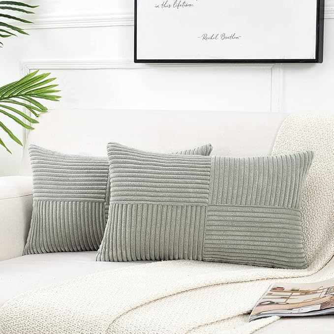 Fancy Homi 2 Packs Grey Long Lumbar Decorative Throw Pillow Covers 12x24 Inch for Couch Bed Sofa, Rustic Farmhouse Boho Home Decor, Soft Striped Corduroy Rectangle Accent Cushion Case 30x60 cm