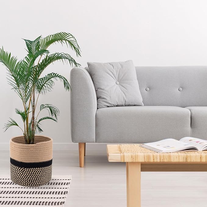 Woven Cotton Rope Plant Basket for 11" Flower Pot Floor Indoor Planters,Storage Organizer Basket Rustic Home Decor (11" x 11",Black and Brown Stripes)