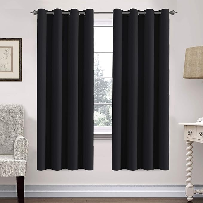 H.VERSAILTEX Thermal Insulated Blackout Curtains Window Panel Drapes - 2 Panels Set-52x72 Inch with Gun Metal Color Grommet Top (Jet Black)