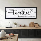 And So Together They Built A Life They Loved Decorative Rustic Sign & Plaque Framed Wall Art for Couples, 40''×15' Vintage 'Wooden Long Wall Decor Above Bed, Horizontal Farmhouse Wedding Gift
