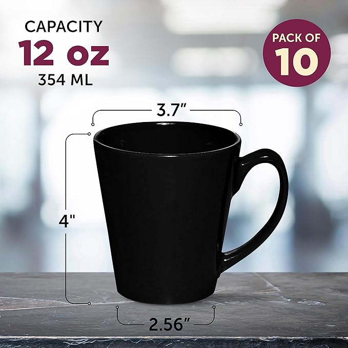 DISCOUNT PROMOS Glossy Ceramic Latte Coffee Mug 12 oz. Set of 10, Bulk Pack - Perfect for Tea, Espresso, Cappuccino, Hot Cocoa - Black
