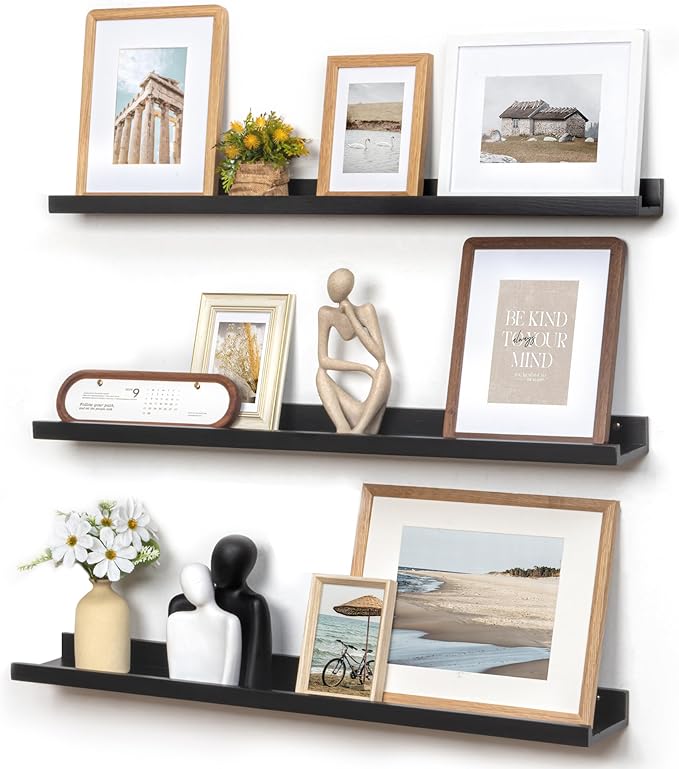 Picture Ledge Wall Shelves - 36 Inch Width Set of 3, Solid Pine Wood Rustic Floating Ledge Shelves for Kids' Room, Bedroom, Kitchen, Bathroom, Living Room, Nursery Display Wall Decor, Black