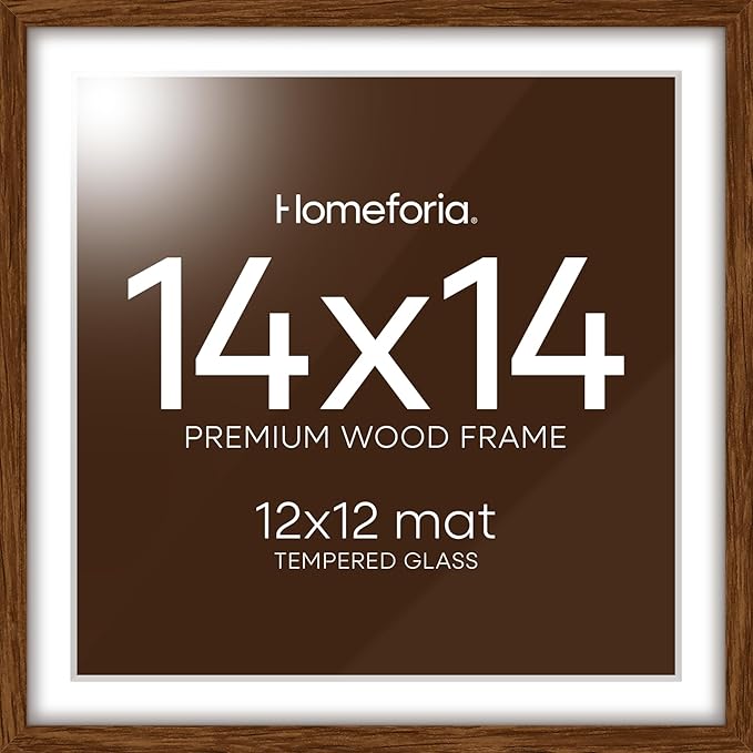 Homeforia 14x14 Picture Frame Brown, High End Dark Oak 14 x 14 Square Wood Frame with Mat 12 x 12 for Photo, 14by14 Wooden Walnut Poster Frame Matted to 12x12 Print, Tempered Glass, Wall Kit, Set of 1
