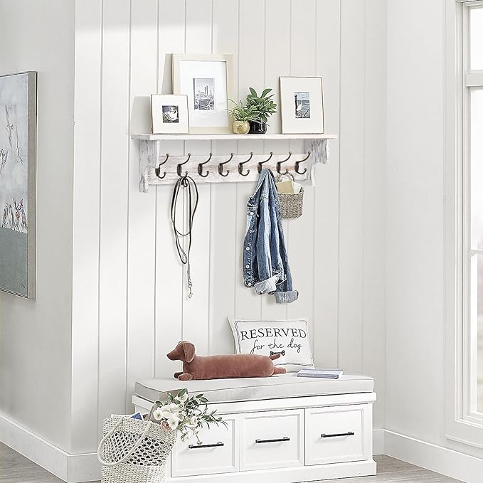 BECHAEO 35.8'' Wood Coat Rack Wall Mount with Shelf, White Wall Coat Rack with Hooks, Farmhouse Rustic Coat Hooks for Entryway Bathroom Hallway Kitchen Bedroom