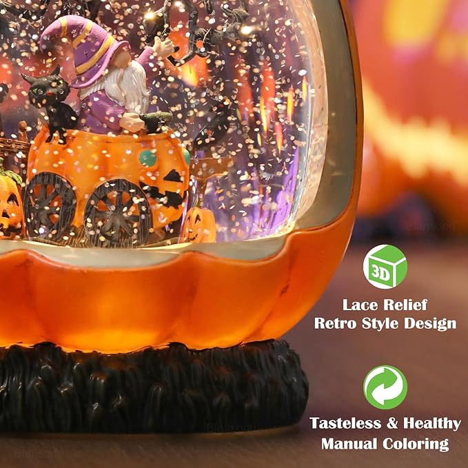 Halloween Snow Globe Pumpkin Halloween Decorations Indoor Gnome Black Cat Bat Swirling Glitter Timer