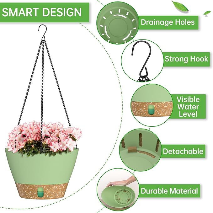 ZMTECH 2 Pack 10 Inch Hanging Planters for Outdoor Plants, Hanging Pots for Plants Indoor with Visible Water Level, Hanging Flower Basket with Drainage Holes & Removable Tray(Green)
