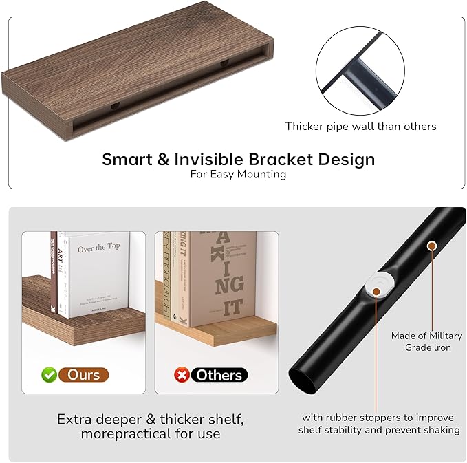 Fun Memories Floating Shelves - 16 Inch Wall Shelf for Decor & Storage - Wall Mounted Display Shelving with Invisible Heavy-Duty Metal Bracket 2Pack, Walnut