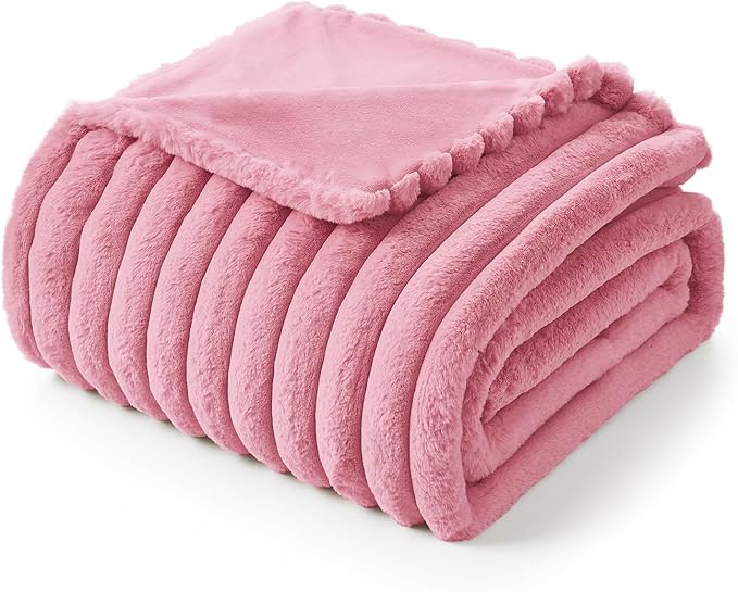 Amélie Home Faux Fur Throw Blanket for Couch, Cozy Fuzzy Fluffy Fur Luxurious Soft Striped Plush Gift Blankets for Family Sofa Chair Bed Living Room Bedroom, 55"x70", Pink