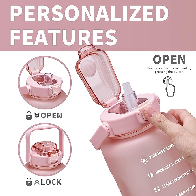 64oz,100oz,128oz Large Motivational Water Bottle with Time Marker, Leakproof & BPA Free Half Gallon Big Water Bottle with Straw Handle Tritan Frosted Water Jug for Gym,Fitness,Outdoor Sports