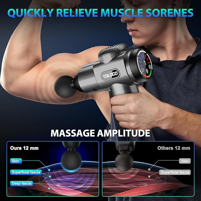 TOLOCO Massage Gun, Deep Tissue Back Massager for Athletes with 10 Massage Heads, Electric Muscle Percussion Massager for Any Pain Relief, FSA and HSA Eligible, Gifts for Fathers Day, Grey