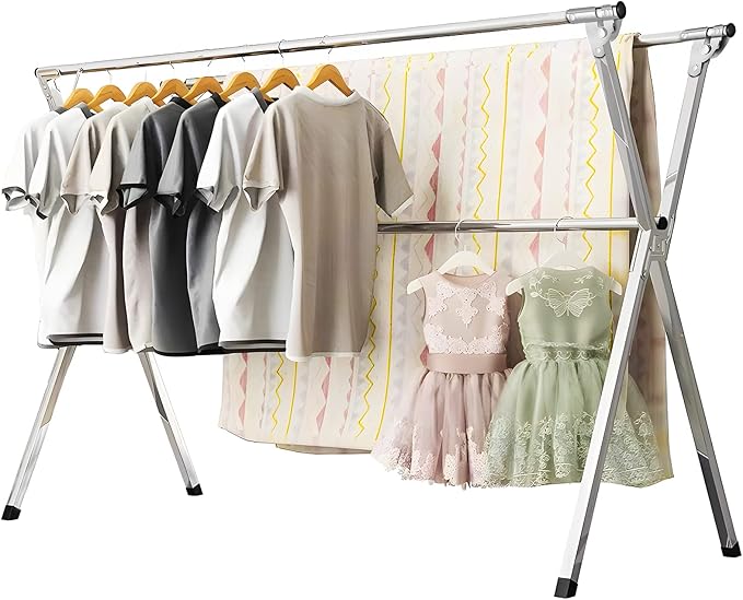 URYAN 63 Inches Clothes Drying Rack, Heavy Duty Stainless Steel Laundry Drying Rack Folding Indoor Outdoor, Portable Drying Rack Clothing, Free-Standing Laundry Stand with 20 Windproof Hooks