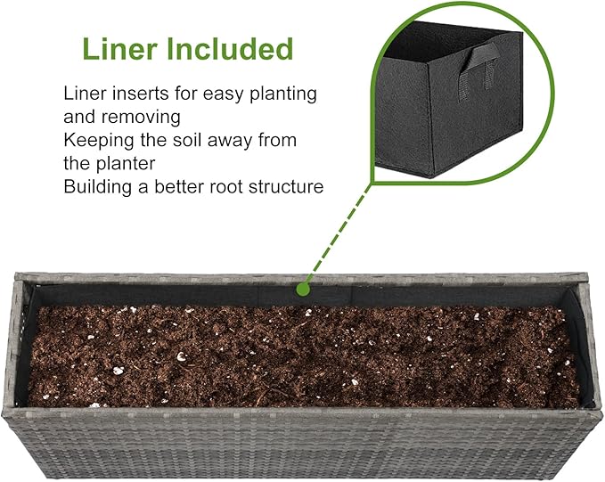 LEWIS&WAYNE Large Rectangular Block Planter Box Handmade Wicker Tall Planters for Outdoor Plants with Removable Liners Modern Planter for Indoor Outdoor Patio Deck - Gray, 36''x12''x16''