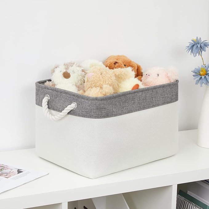 Bidtakay White Baskets with Cotton Rope Handles Decorative Storage Bins [3-pack] Fabric Bins for Organization Linen Closet Shelf Storage Baskets for Clothes Toys Towels 15 X 11 X 9.5 Inches