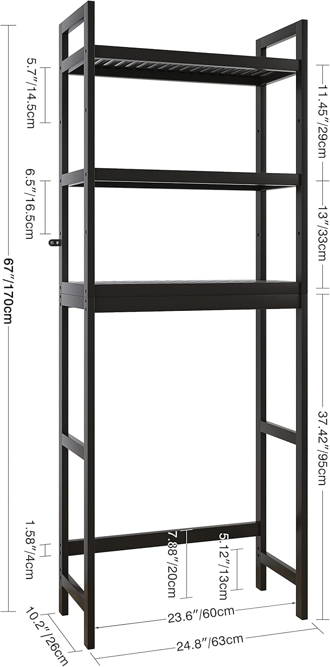 SMIBUY Bathroom Storage Shelf, Bamboo Over-The-Toilet Organizer Rack, Freestanding Toilet Space Saver with 3-Tier Adjustable Shelves (Black)