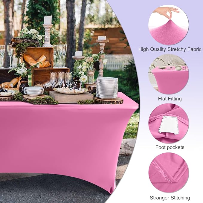 ABCCANOPY 6 FT Spandex Table Cover Stretch Fitted Wrinkle Resistant Tablecloth Reuse for Rectangular Folding Table Patry Event Wedding Banquet Protector Pink