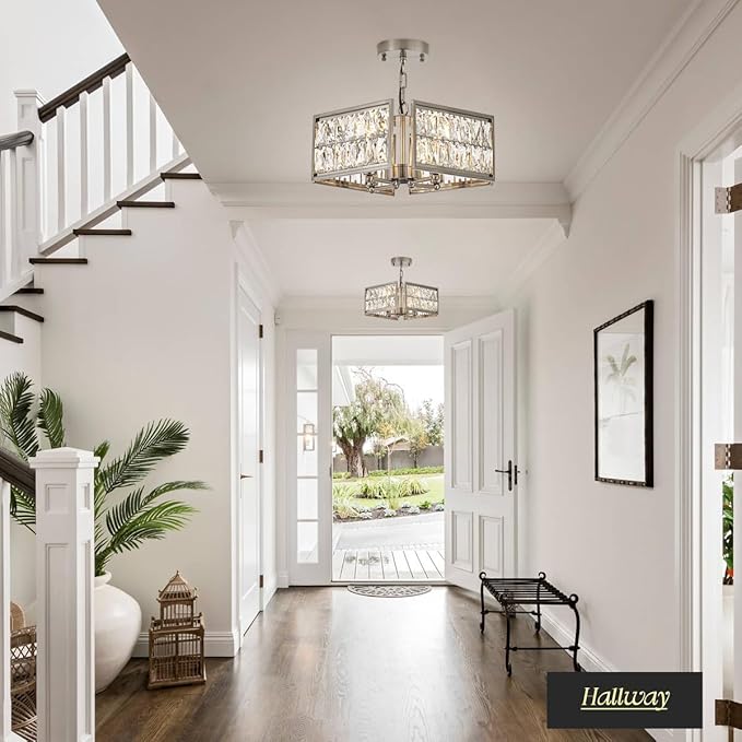 12” 4-Light Modern Crystal Chandeliers Nickel Dinning Room Light Fixture, Square Pendant Light Kitchen Island Chandelier, Flush Mount Ceiling Light for Living Room Entryway Bedroom Foyer