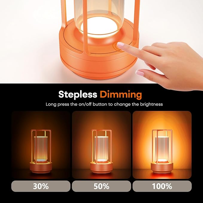 Portable Metal Table Lamp for Indoor/Outdoor ,Rechargeable Cordless LED Lamp, 3-Colour Infinitely Dimming Battery Powered Small Desk Lamp, Restaurant/Bedroom/Bar/Coffee Shop/Camping Light (Orange)