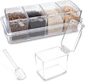 Clear Seasoning Box, 4 Pieces Seasoning Rack Spice Pots, Storage Container Condiment Jars Acrylic Seasoning Box with Covers and Spoons for Spice, Sugar, Salt, Sugar, Cardamon, Cinnamon