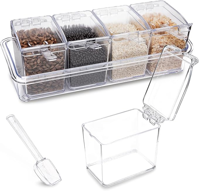 Clear Seasoning Box, 4 Pieces Seasoning Rack Spice Pots, Storage Container Condiment Jars Acrylic Seasoning Box with Covers and Spoons for Spice, Sugar, Salt, Sugar, Cardamon, Cinnamon