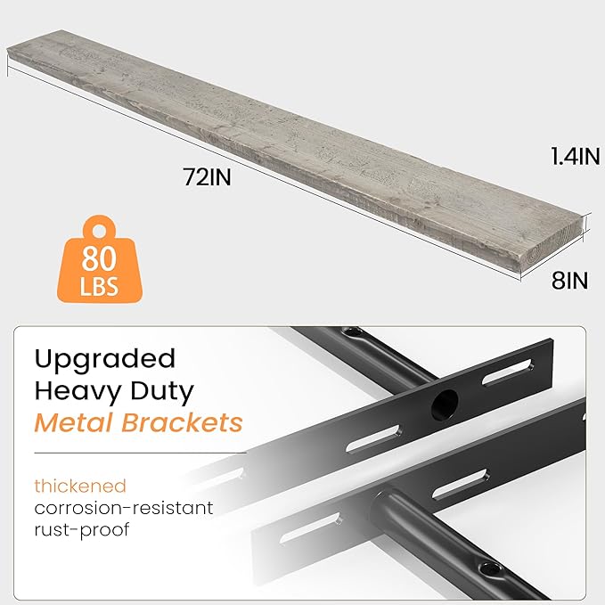 Fun Memories Floating Shelves for Wall Dec, 72"x8" Rustic Reclaimed Wood Shelves, Heavy-Duty Wall Mounted Shelves with Invisible Brackets for Living Room, Bedroom, Kitchen, Grey Finish