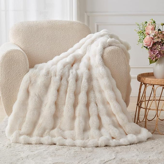 Lotus Karen Faux Fur Blanket - Cream White Twin Size, Big Bubble Rabbit Fluff, 60x80 Inches