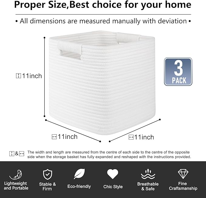 OIAHOMY Storage Cubes 11 Inch - 3 Pack, Cotton Rope Woven Baskets for Organizing, Square Storage Baskets for Shelves Organizer, Classroom, Kids Toy Bins, Closet, Baby Nursery-White