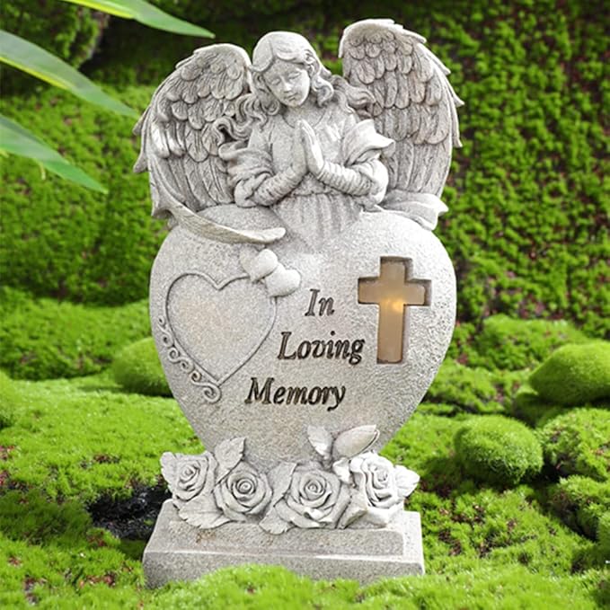Garden Angel Statue with Cross Solar LED Light, Memorial Gifts for Loved Ones, Cemetery Grave Decorations