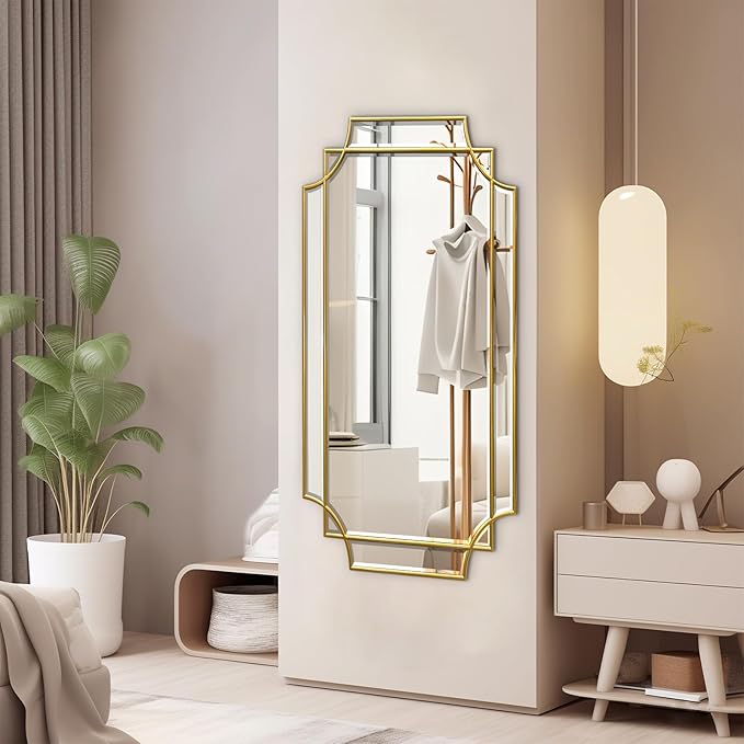 Wall Mirror Full Length, 47" x 24" Gold Framed Full Body Mirror, Scalloped Beveled Polished Decorative Mirrors, Large Rectangle Irregular Wall Mirror for Bathroom/Bedroom/Living Room/Entryway