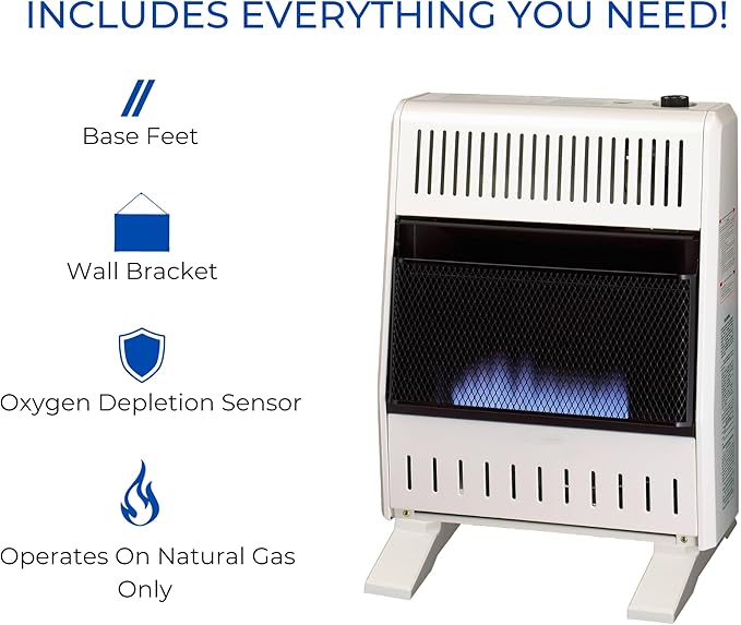 ProCom MN200TBA-B Ventless Natural Gas Blue Flame Space Heater with Thermostat Control for Home and Office Use, 20000 BTU, Heats Up to 950 Sq. Ft., Includes Wall Mount and Base Feet, White