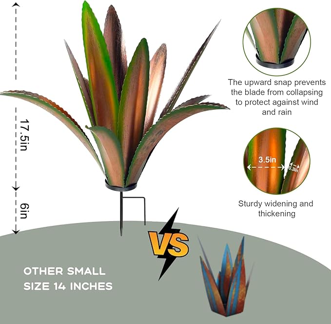 TOMBABY Enlarge thickened Wind Resistant Metal Agave Garden Art Plant Country Sculpture Statue Outdoor decoration Courtyard Lawn Ornament Gift (12 Leaves Green 2 pcs) (TB-410-415)