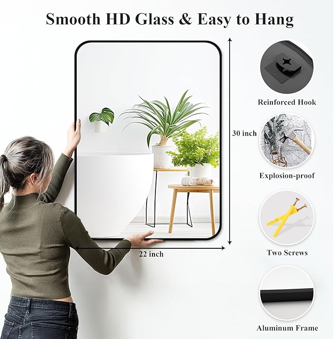 Fabuday Black Wall Mirror for Bathroom Over Sink - 22x30 Matte Metal Framed Rectangle Mirror, Rounded Rectangular Vanity Mirrors for Living Room, Bedroom, Entryway, Hallway, Horizontally/Vertically