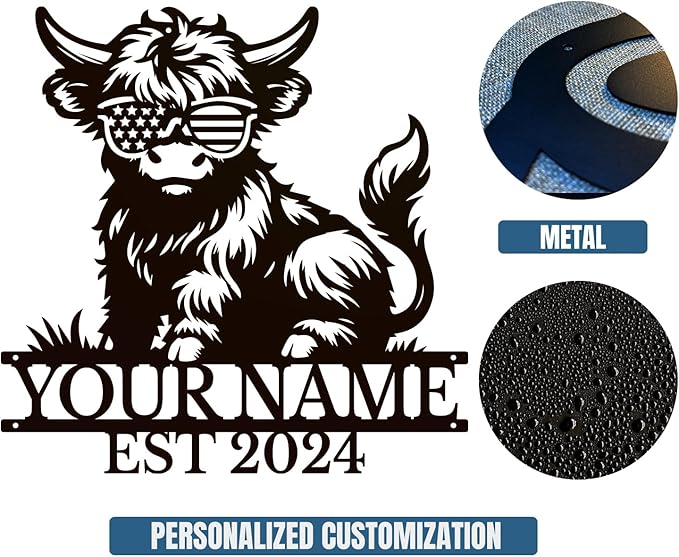 Personalized Highland Cow Name metal Signs,Custom Highland Cow Metal Shed Wall Decor,Black Metal Wall Art Plaques Outdoor wall Decorative Signage (Style C)