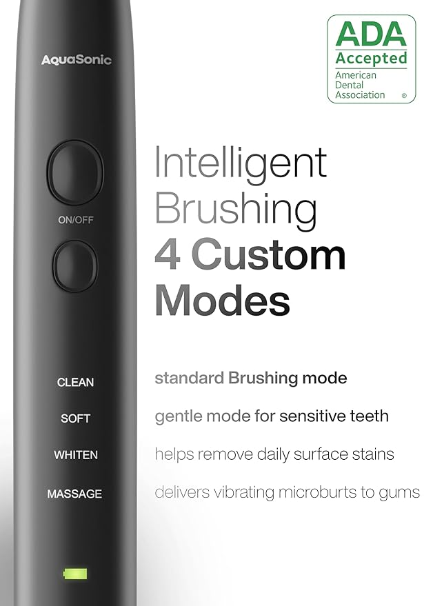 Aquasonic Black Series Ultra Whitening Toothbrush – ADA Accepted Electric Toothbrush- 8 Brush Heads & Travel Case – 40,000 VPM Electric Motor & Wireless Charging - 4 Modes w Smart Timer