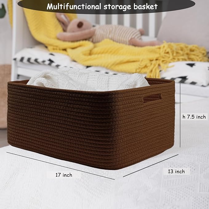 COMFY-HOMI Cotton Rope Woven Basket with Handles for Shelves,Toys,Book, Cloth Storage Baskets for Organizing-17" x 13" x 7.5" Toy Decorative Organizer for Living Room, Bathroom （dark brown）