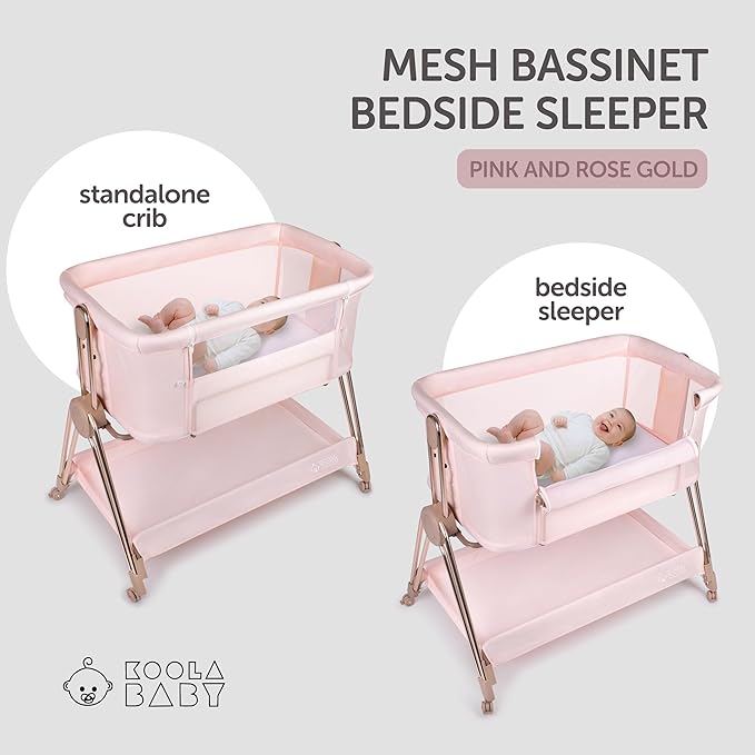 Baby Bedside Sleeper - Bassinet & Bedside Crib with Height Adjustment & Wheels - Can Be Placed Next to Bed - Attaches to Parents Bed - Easy to Fold & Carry Bassinet for Girls (Pink)