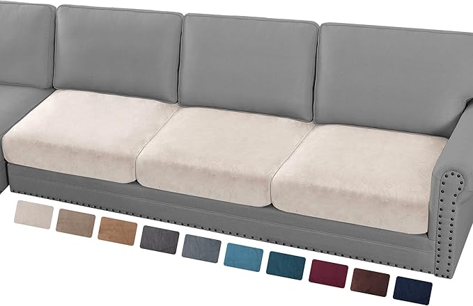 PrinceDeco Sectional Couch Cushion Covers 3 Pieces Velvet Separate Couch Cover Extra Large Stretch Sofa Slipcover Washable Furniture Protector for Sectional Sofa(Each Width Up to 40", Ivory)