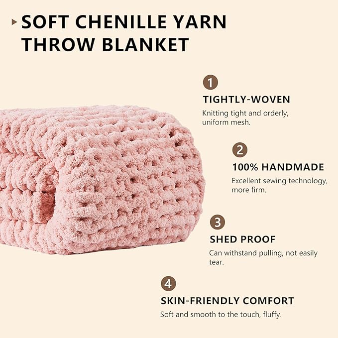 L'AGRATY Chunky Knit Blanket Throw: 80''x90'' Chenille Chunky Knitted Throw Blanket for Bed Couch - Handmade Thick Big Cable Knit Blanket - Large Chunky Crochet Rope Blanket for Home Decor(Pink)