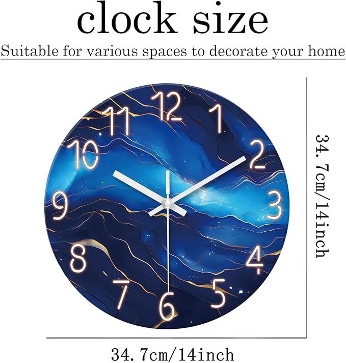 Glass Wall Clocks Battery Operated 14 Inch Modern Abstract Wall Clock for Bedroom Blue Wall Clock Silent Non Ticking