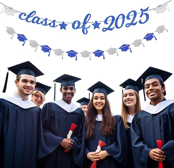 Navy-Blue White-Silver Party-Decoration Graduation Banner - 14pcs Kits Cap Garland Streamers, Royal Paper Tissue Pom Poms Flowers Fans Honeycomb,Class Of 2025 College High School Grad Decor Hugfond