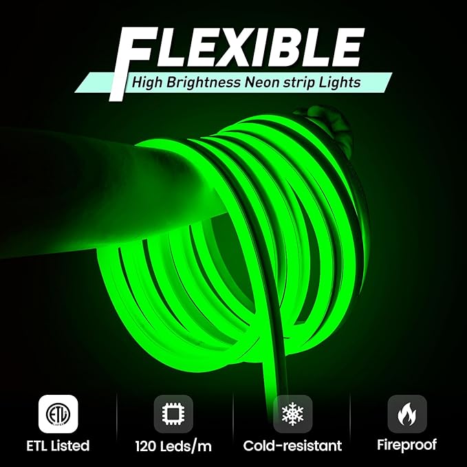 GZBtech Flexible LED Neon Rope Lights 16.4FT,AC 110-120V Waterproof Strip Light, 120 LEDs/M Cuttable Connectable Neon Lighting for Indoor Outdoor Home Decor/Commercial Building Use-Green 5M
