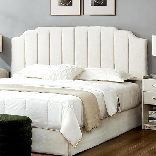 24KF White Teddy Fabric Tufted King Upholstered Headboard, Modern Vertical Channel Design California King Headboard with Stepped Silhouette Top Edge,6026-K-Teddy White