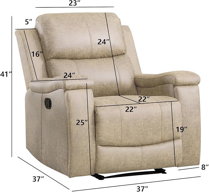 EBELLO Recliner Chair, Single Overstuffed Sofa Recliner, Breathable Faux Leather Manual Reclining Chairs with Hidden Cup Holder, Arm and Back for Adults, Living Room, Bedroom, Beige