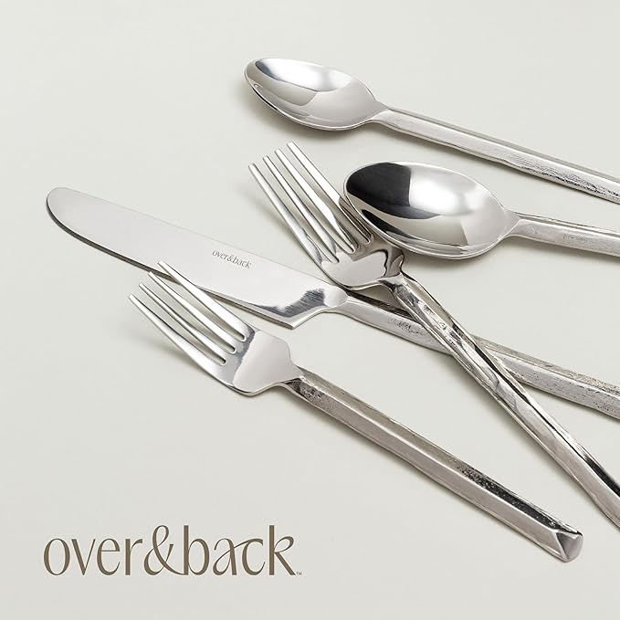 over&back 20pc Hand-Forged Flatware Cutlery Set - Comes with 4 Dinner Forks, 4 Salad Forks, 4 Dinner Knives, 4 Dinner Spoons, and 4 Teaspoons - Dishwasher-Safe - 18/8 Stainless Steel