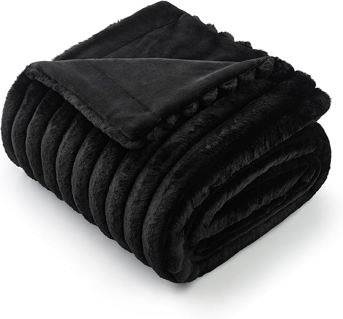 Amélie Home Faux Fur Throw Blanket for Couch, Cozy Fuzzy Fluffy Fur Luxurious Soft Striped Plush Gift Blankets for Family Sofa Chair Bed Living Room Bedroom, 55"x70", Black