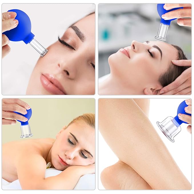 4 Size Facial Cupping Therapy Set Glass, Eye Face Vacuum Massage Anti Cellulite Cup - Silicone Cupping Massage Therapy, for Beauty Body Cup Fascia Massager (Gift Box Packaging-Blue)