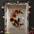 Halloween Wreaths for Front Door with Light, Black Cat Crescent Moon Wreath, Cute Cat Garland Halloween Door Decorations for Outdoor Indoor Decor Wall Window Home Party